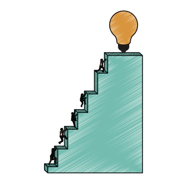 商务人士攀登楼梯块结构与灯泡在顶部铅笔彩色剪影图片下载