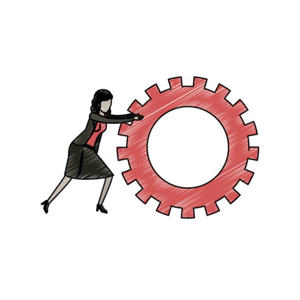 女商人推着一个大齿轮，用铅笔涂上颜色的轮廓图片下载