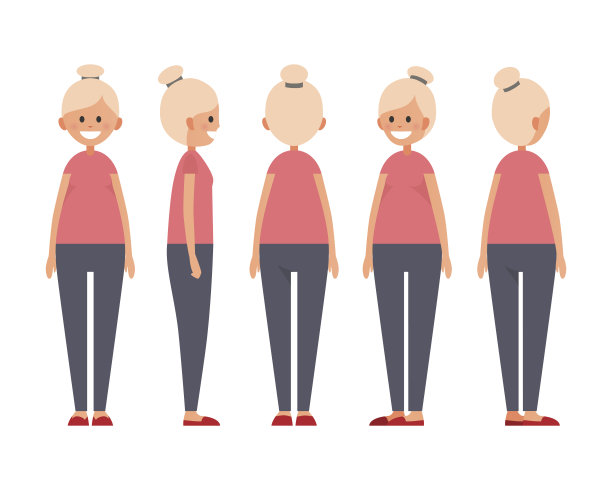 正面，侧面，后视图动画角色。设计师的角色创造集与各种观点。卡通风格，平面矢量插图微笑的女孩与金发在休闲衣服。图片下载