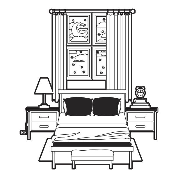 卧室与窗户在夜晚的景观黑色的彩色部分剪影在白色的背景图片下载