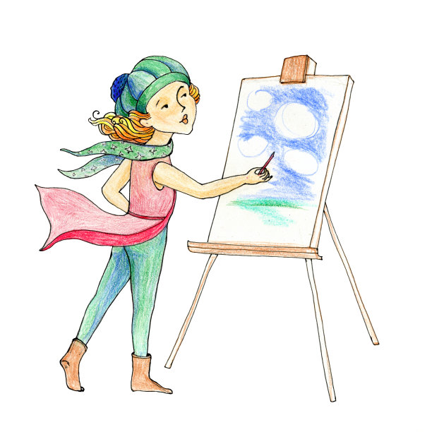 卡通艺术女孩在画架上绘画图片下载