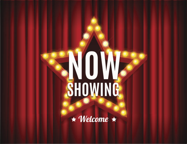 电影院电影概念灯泡复古霓虹灯星星形状在一个红色的窗帘。向量图片下载