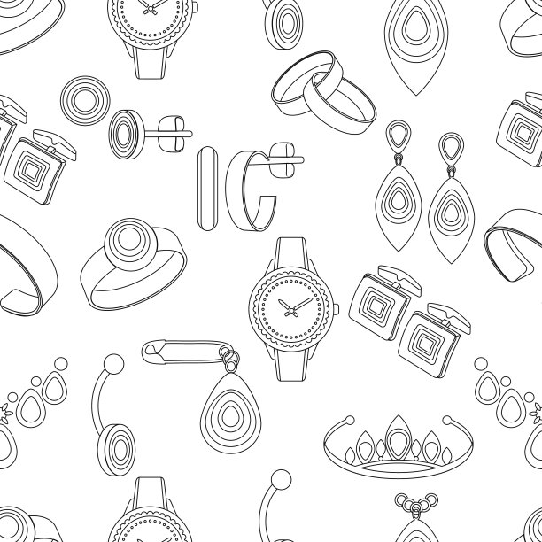 珠宝无缝图案，矢量背景，黑白单色插图。轮廓装饰项目上的白色背景。用于织物设计，壁纸，包装纸，装饰图片下载