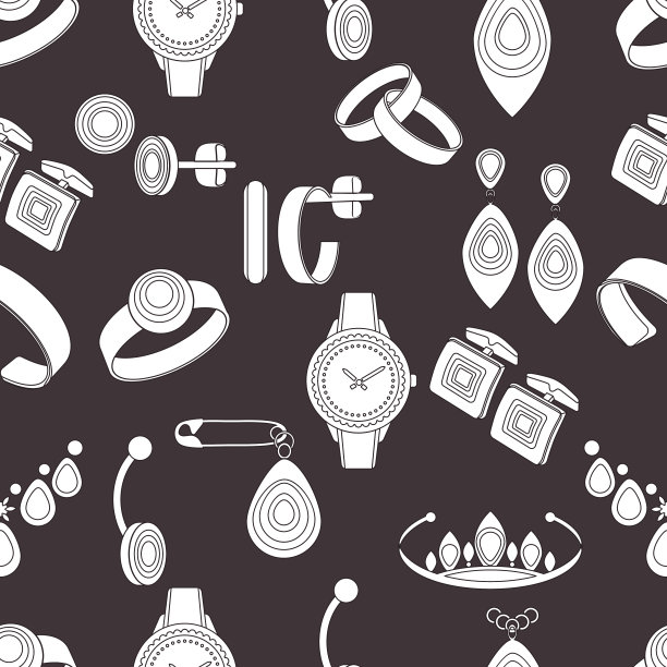 珠宝无缝图案，矢量背景，单色插图。白色卡通装饰项目上的紫棕色的背景。用于织物设计，壁纸，包装纸，装饰图片下载
