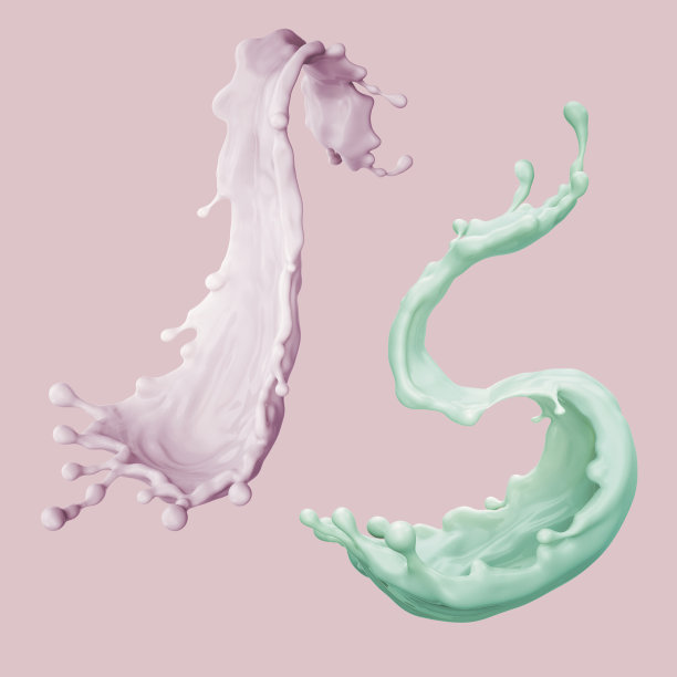 3d渲染，抽象液体，粉色薄荷粉飞溅，彩色波浪喷气机，食品配料集，饮料，孤立的飞溅剪辑艺术图片下载