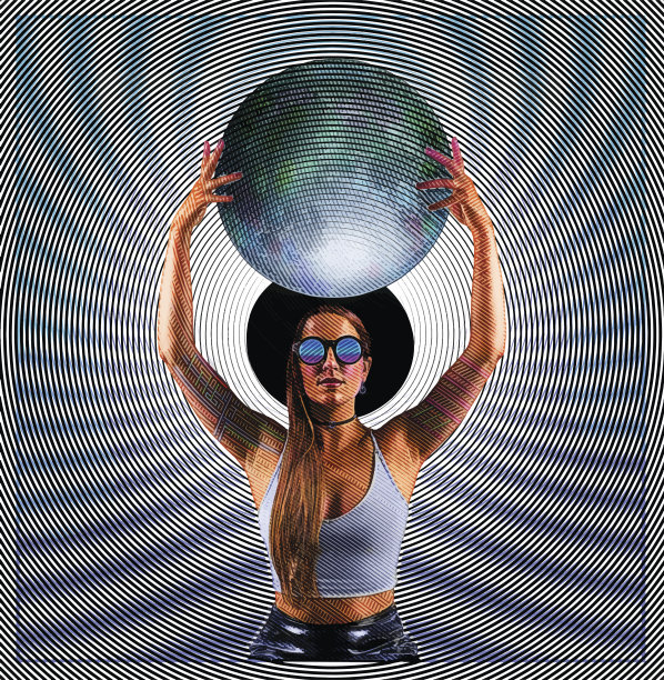 一个酷潮女人抱着月亮或地球的迷幻插图图片下载