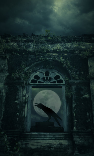 乌鸦坐在岩石上，呱呱地叫着诡异的古堡窗户图片下载