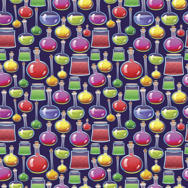 无缝的万圣节模式。有趣的背景与可怕的物体。矢量设置与彩色的卡通风格的药水图片下载