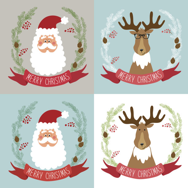 可爱的复古圣诞贺卡与有趣的卡通人物圣诞老人和驯鹿图片下载