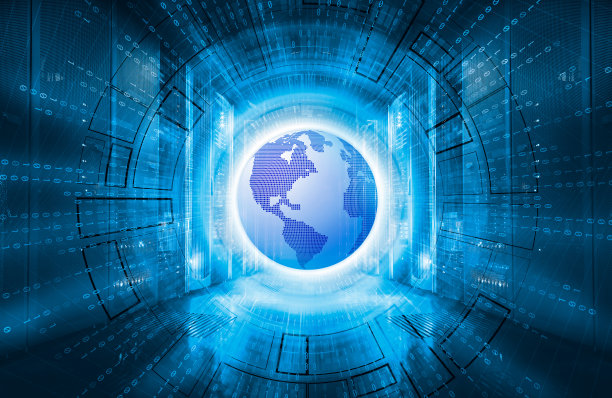 现代服务器室对称排列着超级计算机。数字地球的概念渗透到数据中心的服务器中图片下载