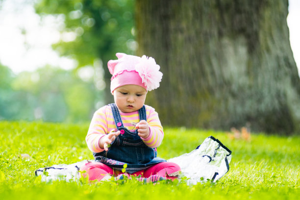 一脸快乐美丽的小女孩就在大自然的夏天。在阳光明媚的日子里，坐在绿色的草地上图片下载
