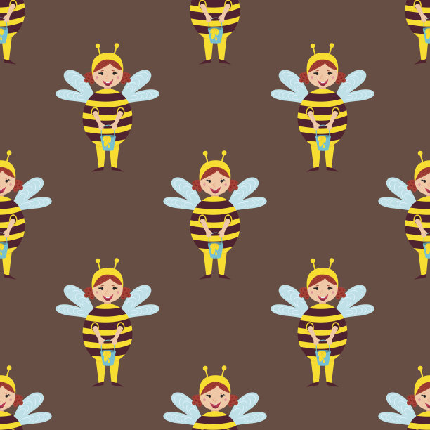 可爱的蜜蜂孩子穿着服装矢量人物小人无缝图案欢乐的孩子节日插图图片下载