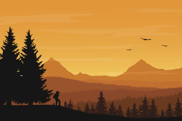 矢量插图的山景观与森林和摄影师在橙色天空下与云和飞翔的鸟图片下载