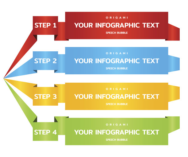 折纸彩色纸带有4个步骤，可供选择，阶段，零件，用于商业信息图。旗帜模板编号。向量图片下载