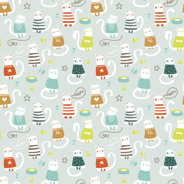 无缝图案与卡通风格的滑稽小猫。微笑和玩猫图片下载