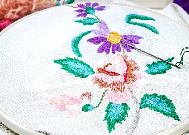 刺绣花朵。民间刺绣。缝纫配件。帆布，铁箍，磨线绳。刺绣。图片下载