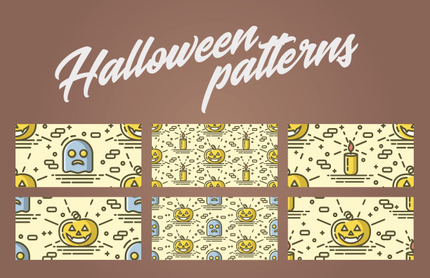 一套万圣节无缝模式的南瓜，幽灵和蜡烛。带有线性对象的矢量背景。图片下载