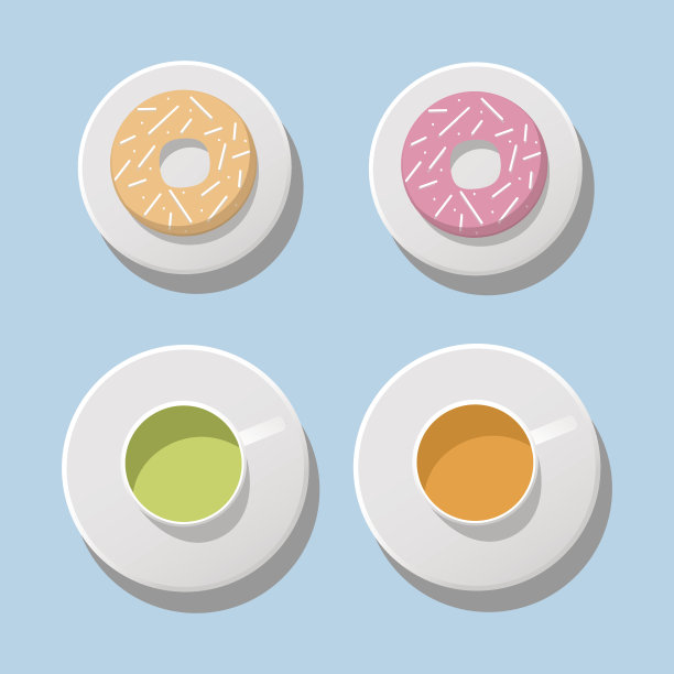 矢量马克杯和甜甜圈设置暴晒。图片下载