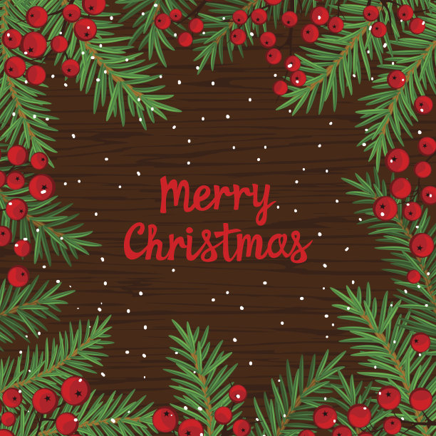 圣诞快乐和新年快乐的冬季卡片背景模板与圣诞树枝和红色的花楸浆果在木制的纹理图片下载