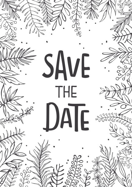 保存日期婚礼邀请模板背景与手绘素描草本花卉树枝树枝图片下载