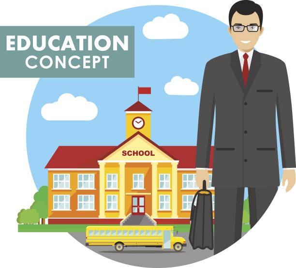 教育的概念。以教师为背景的详细插图，以学校建筑和校车为平面风格。矢量插图。图片下载