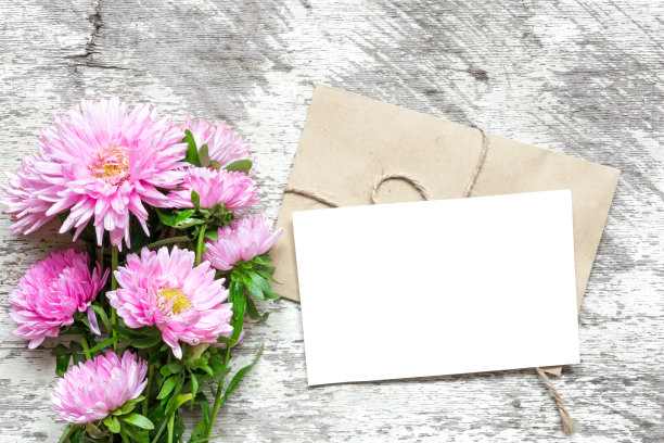 白色贺卡与粉红色紫菀花花束和信封与花蕾和礼盒素材图片