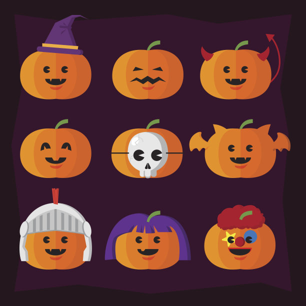 万圣节图标南瓜和女巫帽设置插图图片下载