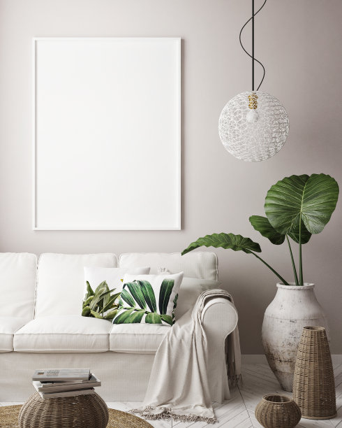 模拟海报框架在热带室内背景，现代加勒比风格，3D插图图片下载