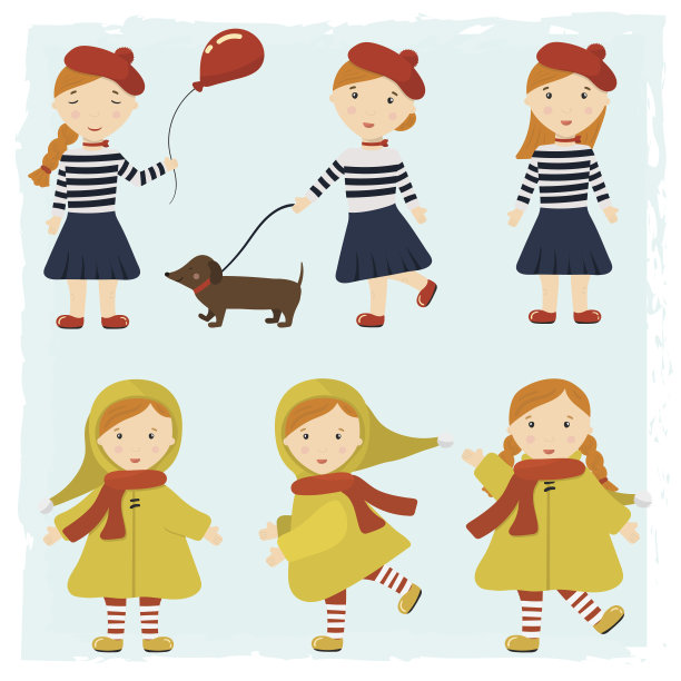 红发女孩带着一只狗一只腊肠狗和一个气球。花样女孩在不同的风格图片下载