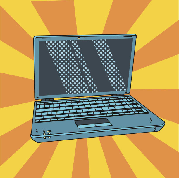 波普艺术中的笔记本电脑。以漫画风格打开数字笔记本。矢量插图。素材图片