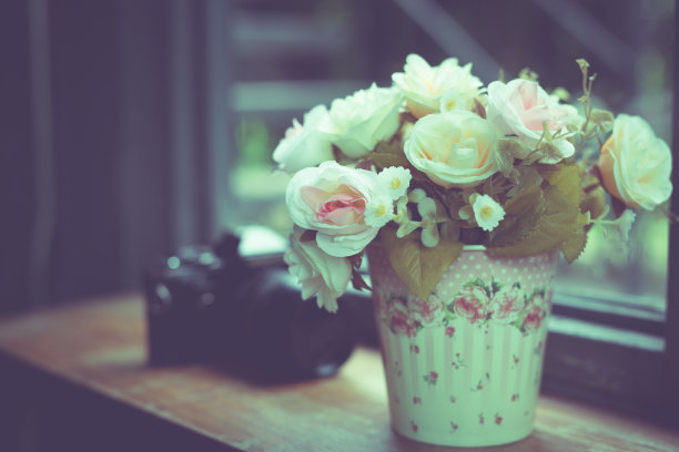 橱窗花瓶里的假花，老式滤镜图片下载