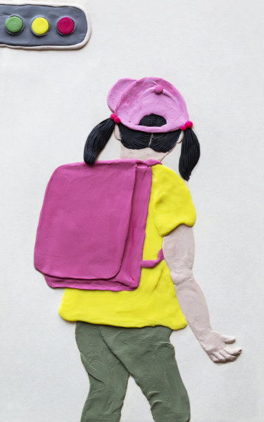 手工粘土插图:学校女孩看红绿灯图片下载