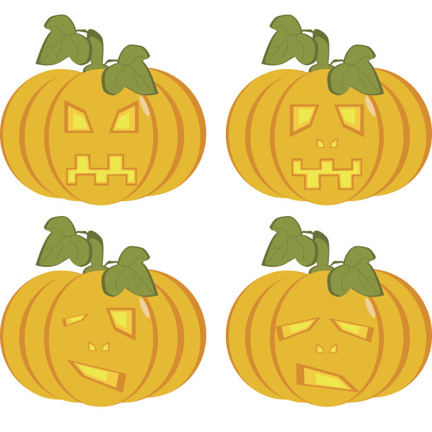一组孤立的黄色南瓜图标和雕刻的脸素材图片