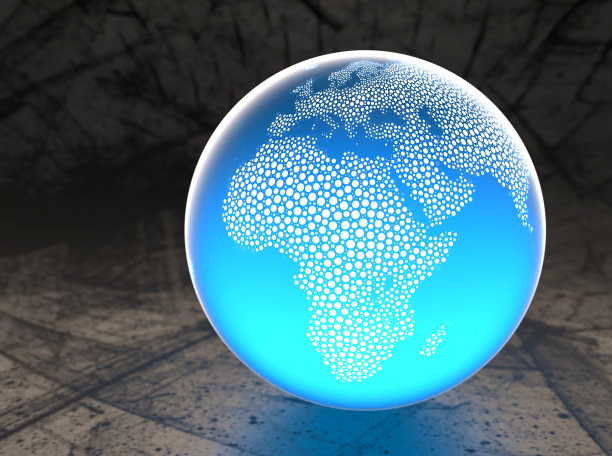 地球的发光玻璃球，大陆在白点，混凝土背景图片下载