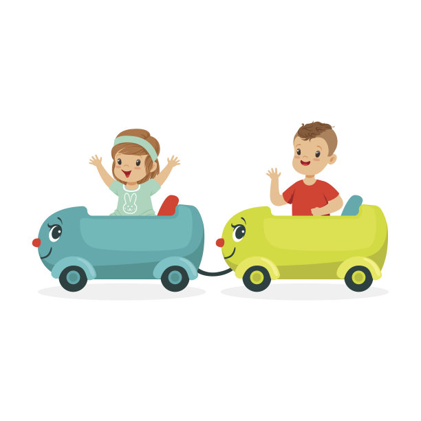 可爱快乐的小男孩和小女孩坐火车，小朋友在游乐园玩卡通矢量插画图片下载