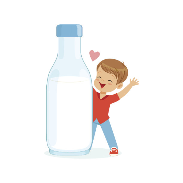 可爱快乐的小男孩旁边站着一个巨大的奶瓶，健康的儿童食品卡通人物矢量插画图片下载