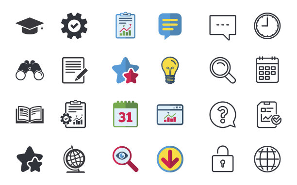 铅笔和打开的书标志。毕业帽图标。图片下载