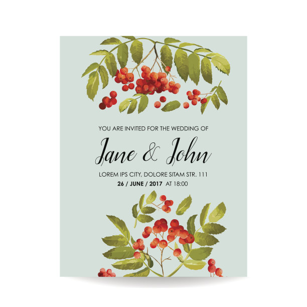 婚礼邀请函模板。花与Rowan Berry保存日期卡。婚庆宴会装饰。矢量图图片下载