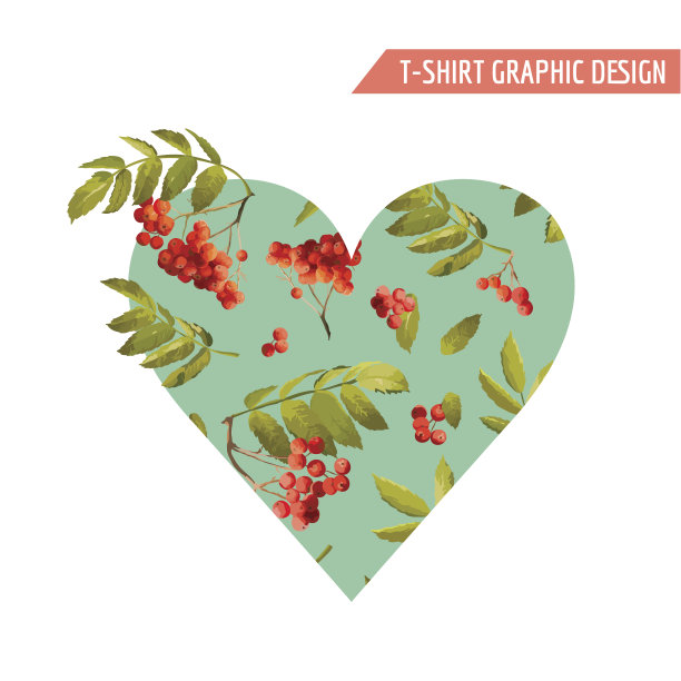 秋t恤心花图案与Rowanberry和叶子。秋天自然背景矢量图片下载