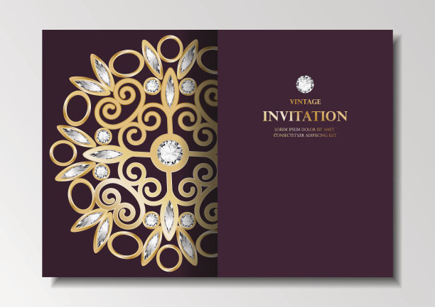 邀请卡复古设计与钻石曼荼罗图案在紫色的背景矢量图片下载