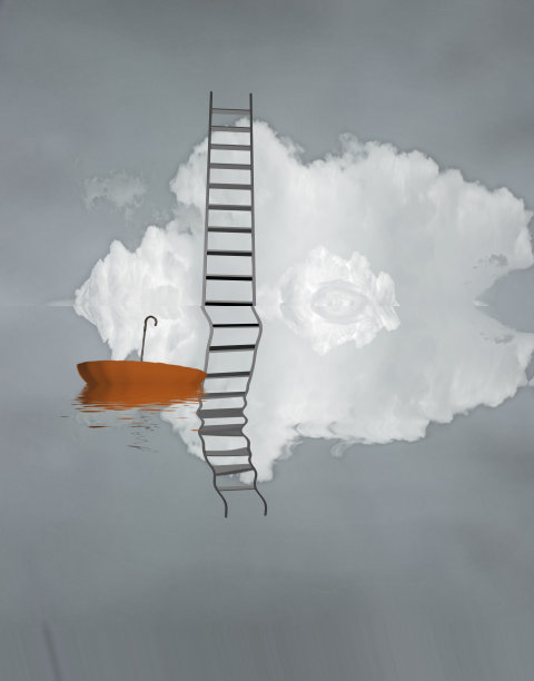 梯子倒映在水面上，还有浮伞图片下载