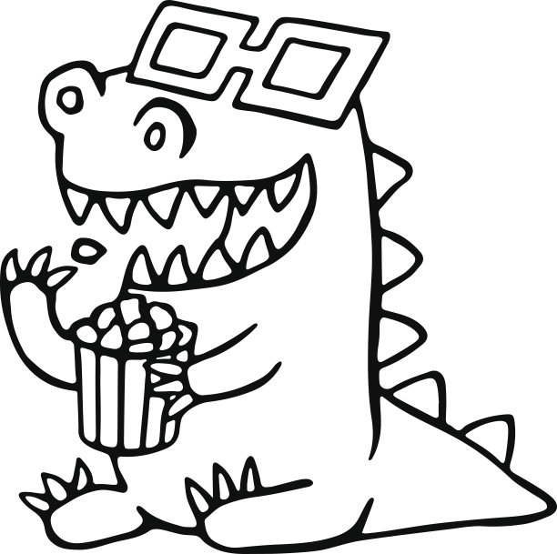 戴着立体眼镜的卡通龙和一盒爆米花。矢量插图。图片下载