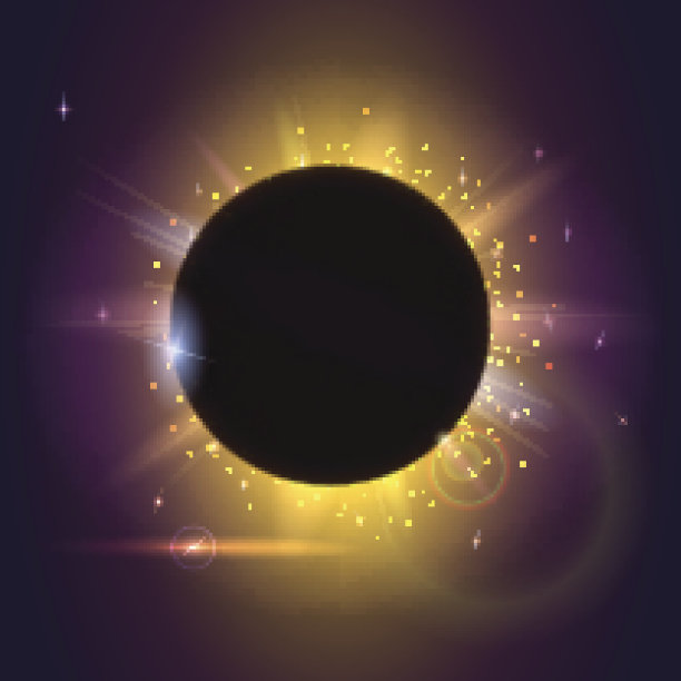 日食，天文现象-日全食。模糊的光线和镜头耀斑背景。辉光效果。星星闪烁着火花。日蚀:行星在日食时遮住太阳图片下载