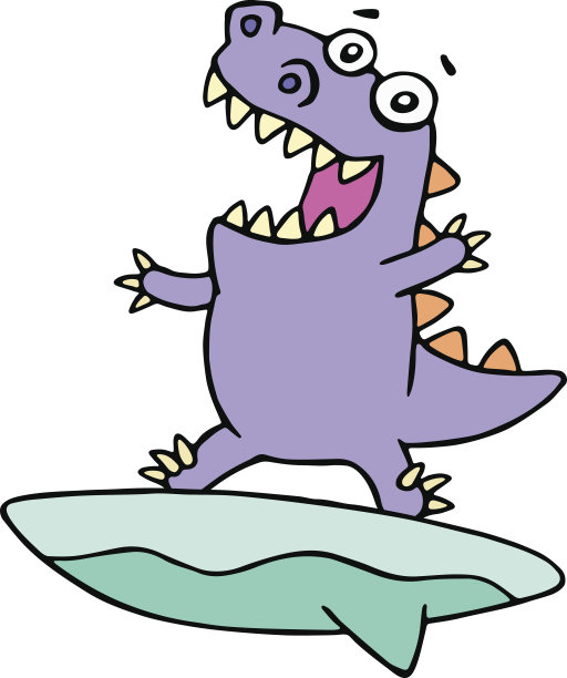 卡通紫色恐龙冲浪者在冲浪板上抓住了一个浪潮。矢量插图。图片下载