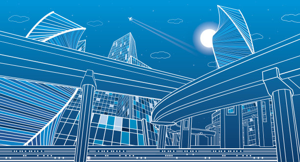 交通立交桥、城市基础设施。以现代城市为背景，高楼大厦。矢量设计艺术图片下载