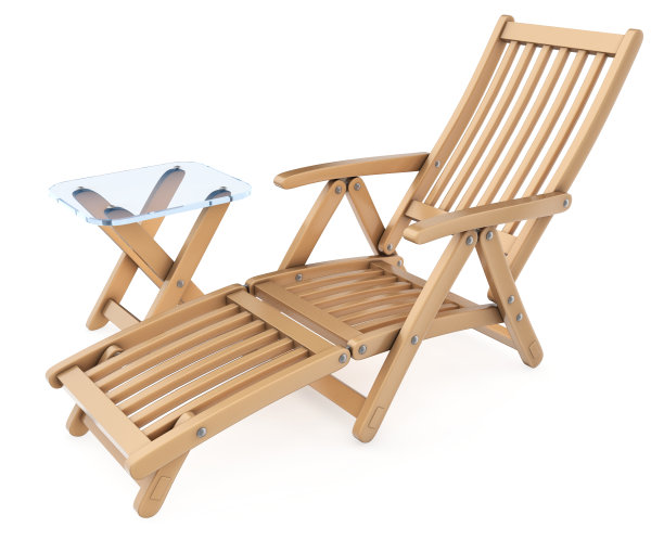 木制的躺椅和玻璃桌子。图片下载