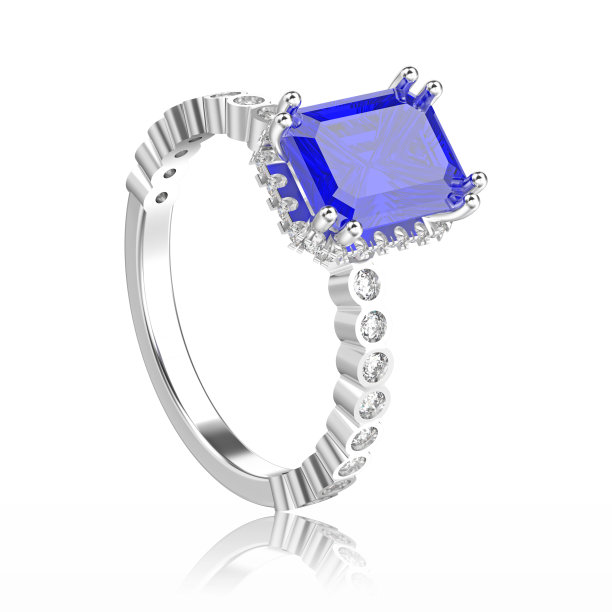 3D插图孤立白金或银钻石装饰戒指与蓝色蓝宝石图片下载