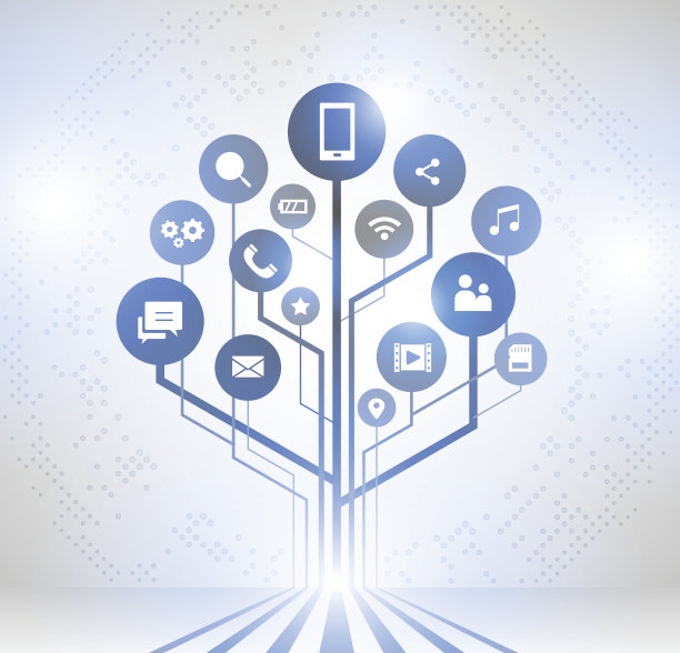 抽象的技术背景线，生长树的圆圈和图标图片下载