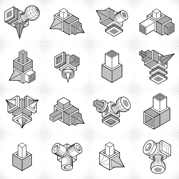 等距抽象矢量形状集。图片下载