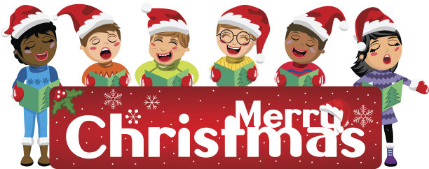 多文化的孩子戴着圣诞帽和唱圣诞颂歌背后的旗帜孤立图片下载